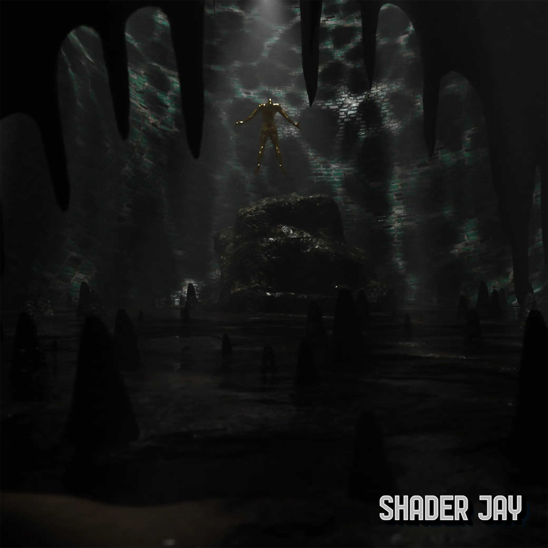 A golden figure floating in a shaft of light above a dark, flooded cavern hung with stalactites