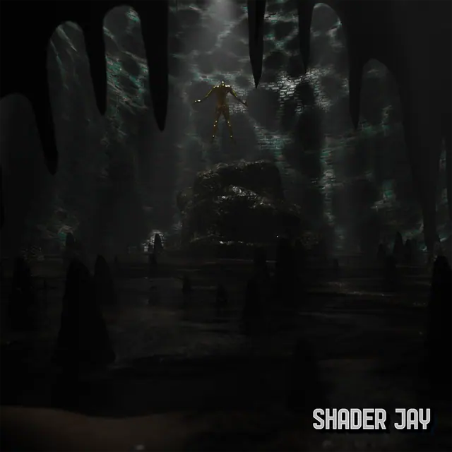 A golden figure floating in a shaft of light above a dark, flooded cavern hung with stalactites