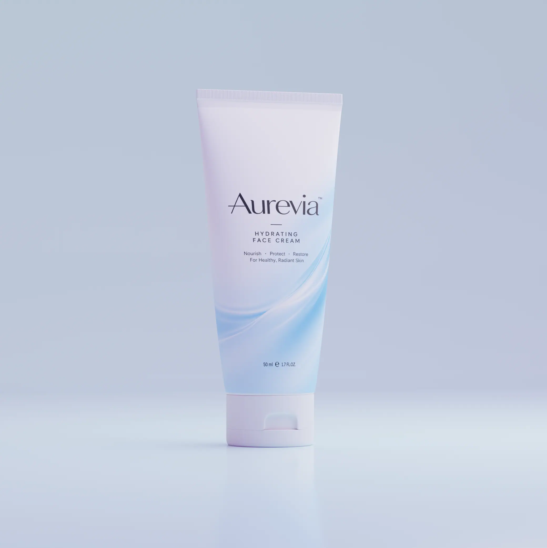 The finished face cream tube, pale blue and lilac, on a soft blue studio background