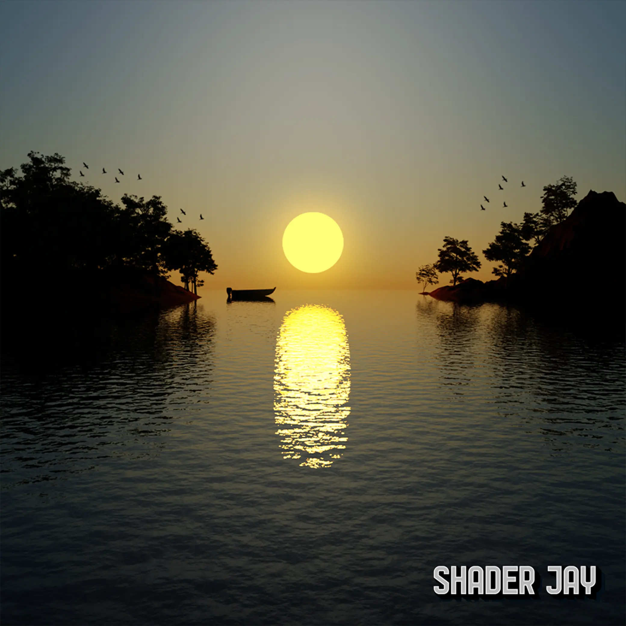 A small boat on calm water between two wooded islands at sunset, with birds in the sky