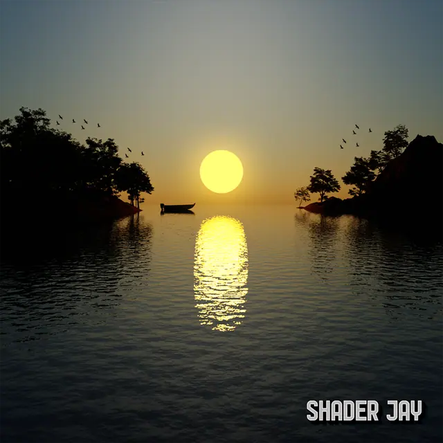 A small boat on calm water between two wooded islands at sunset, with birds in the sky