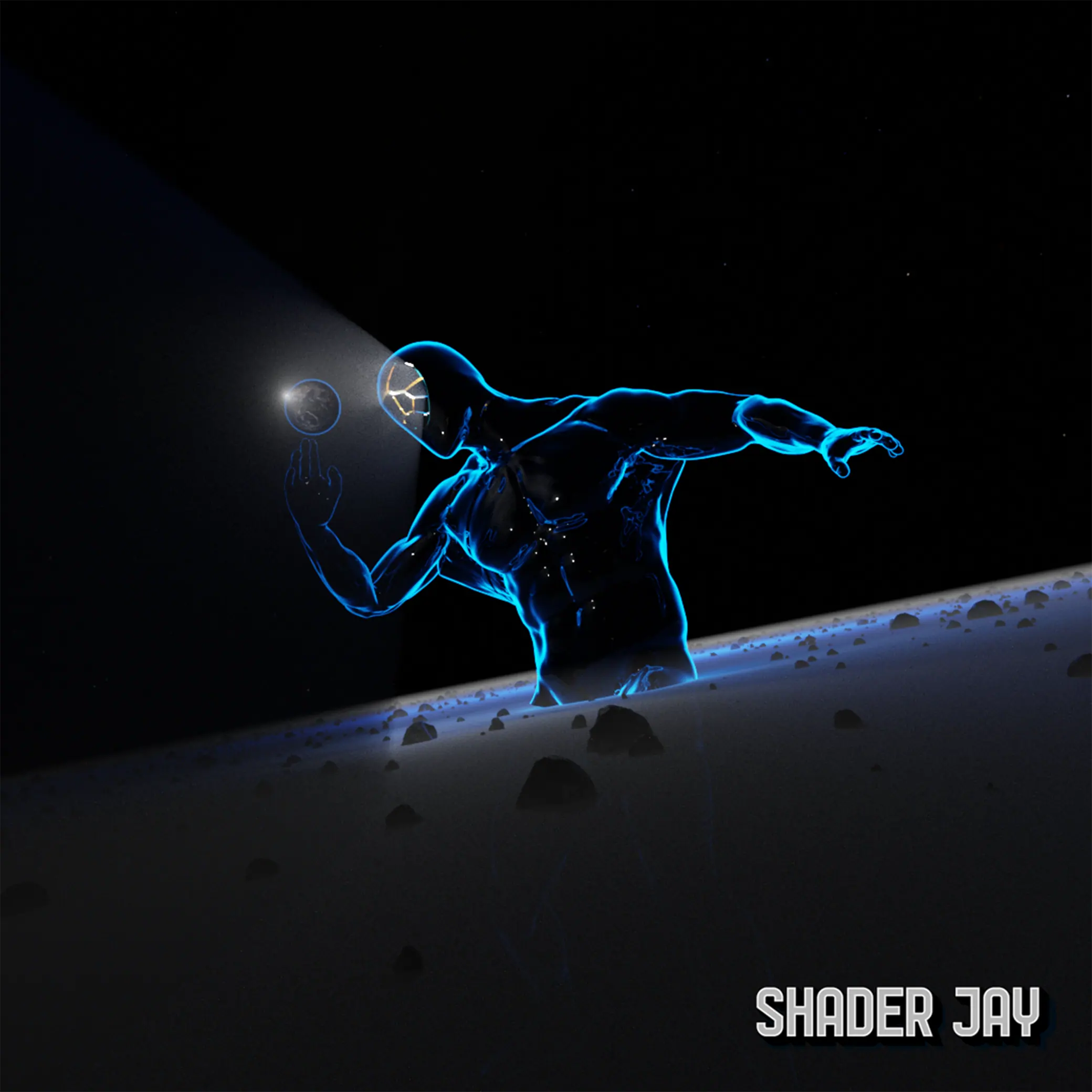 A giant figure traced in electric-blue light rising from a rocky surface in space, holding a small planet
