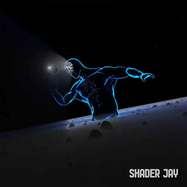A giant figure traced in electric-blue light rising from a rocky surface in space, holding a small planet