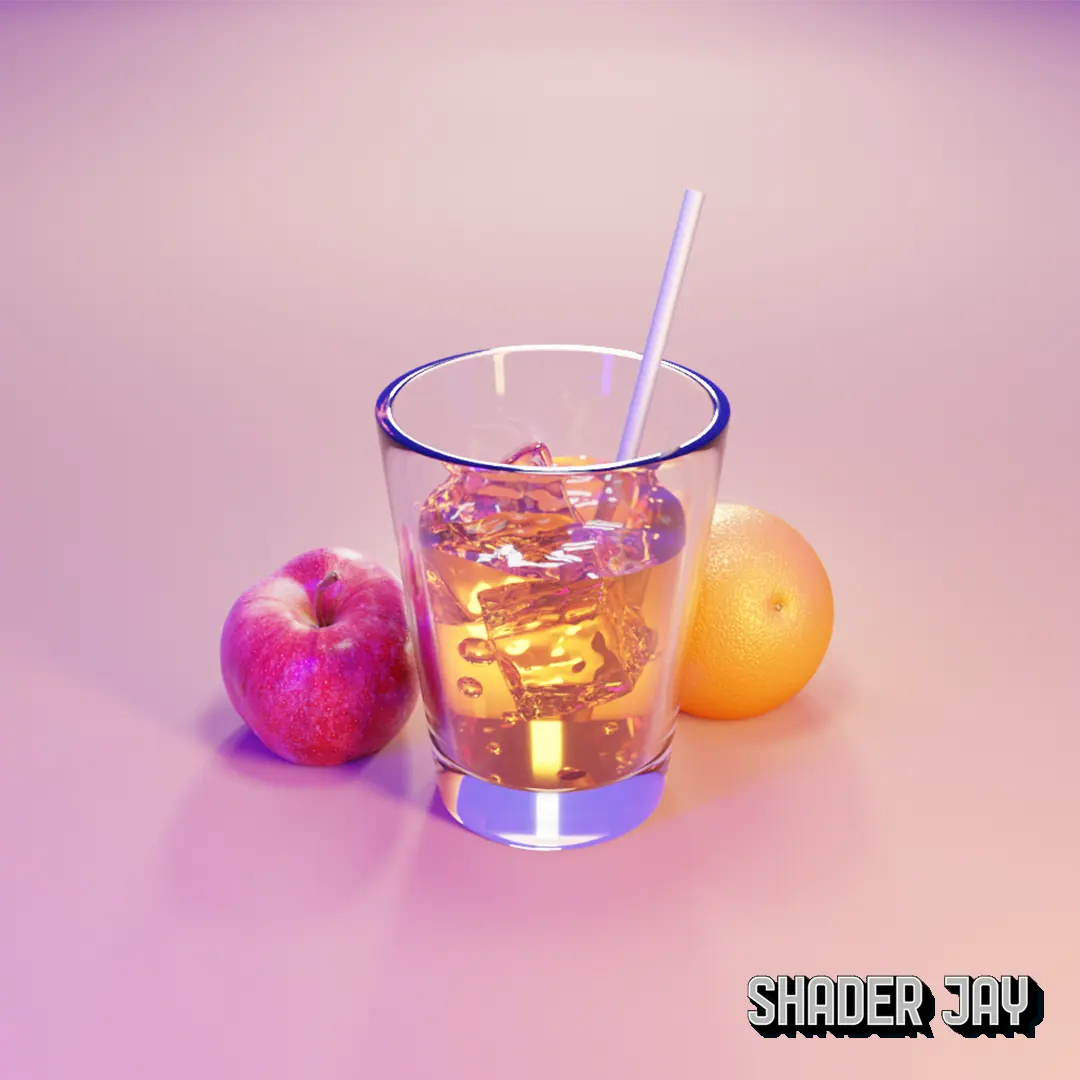 A glass of juice with ice cubes and a straw between an apple and an orange under soft pink light