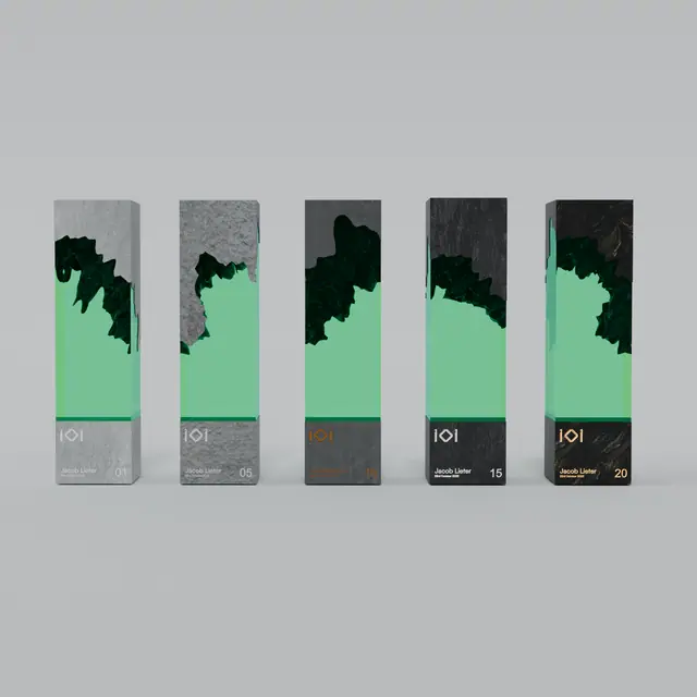 Five slate and green glass award trophies lined up, each engraved with a different year number
