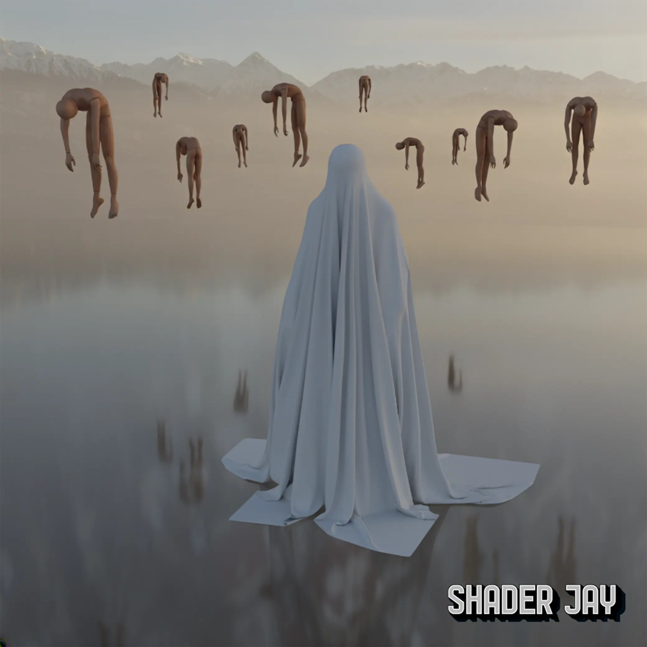 A figure draped in a white sheet standing on still water while bodies hang limp in the misty air