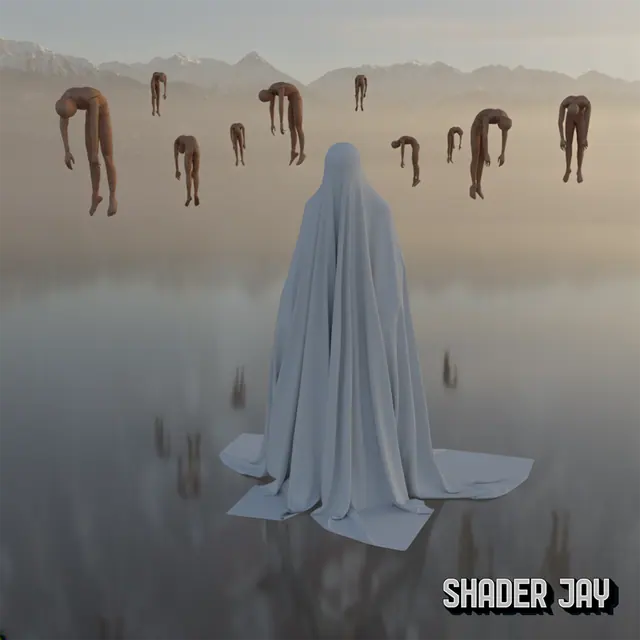 A figure draped in a white sheet standing on still water while bodies hang limp in the misty air
