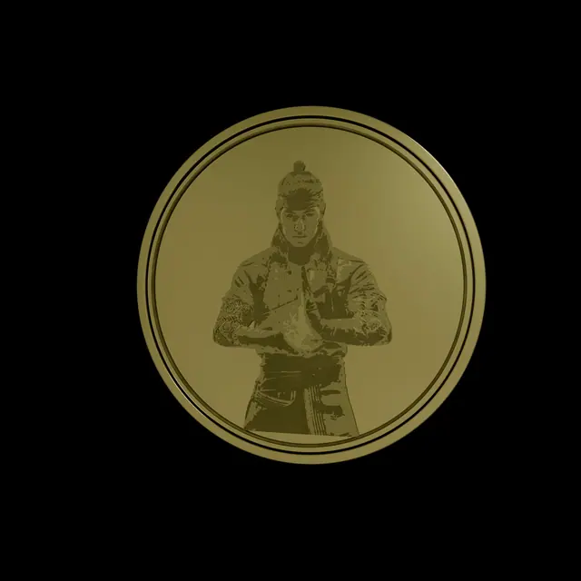 A gold commemorative medallion turning against black, a dragon crest on one face and a fighter on the other