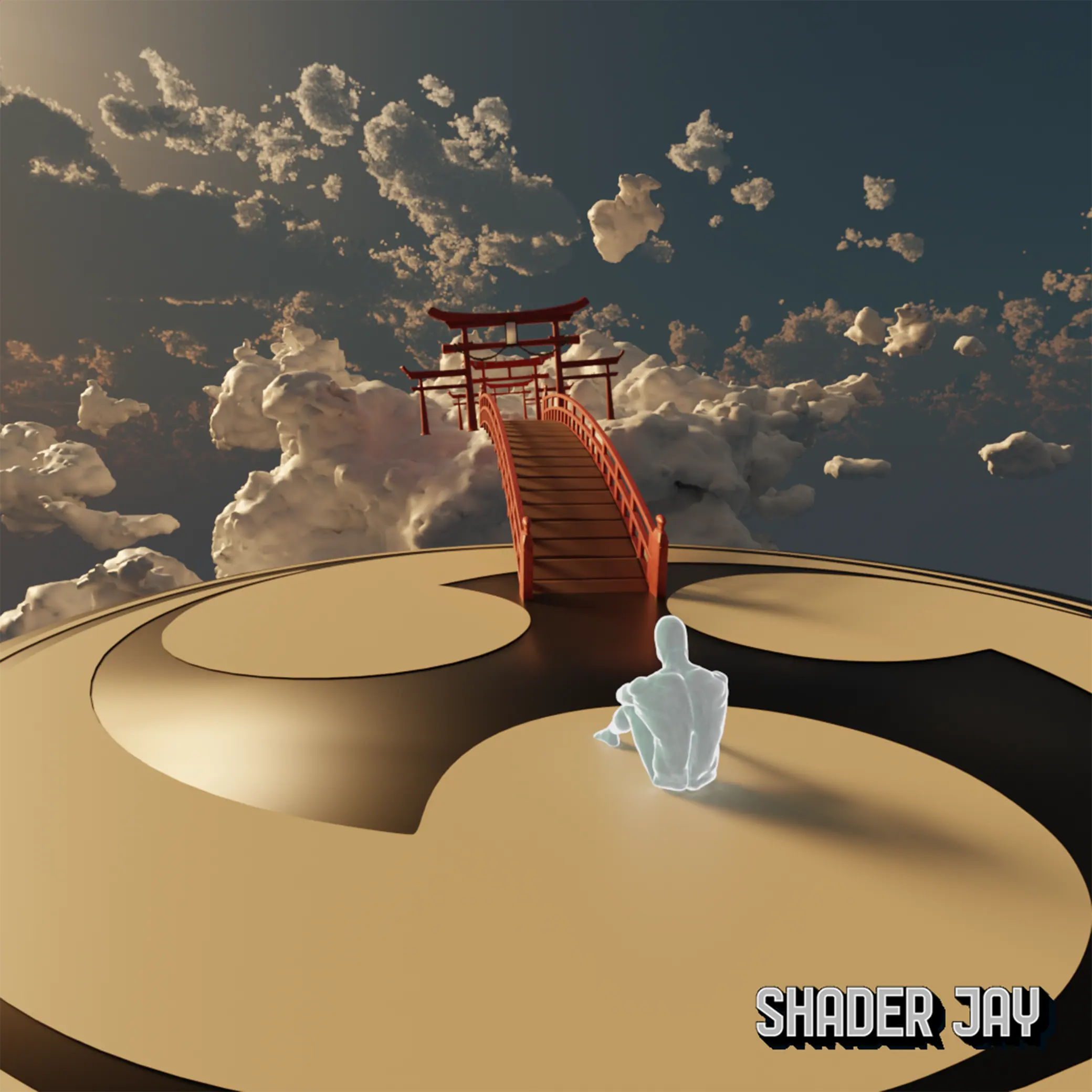 A seated figure on a circular platform above the clouds with a red arched bridge rising to a torii gate