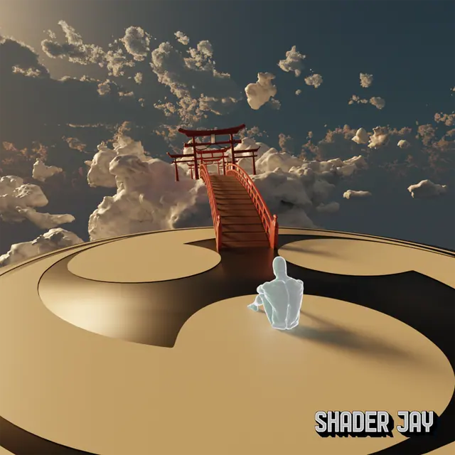 A seated figure on a circular platform above the clouds with a red arched bridge rising to a torii gate