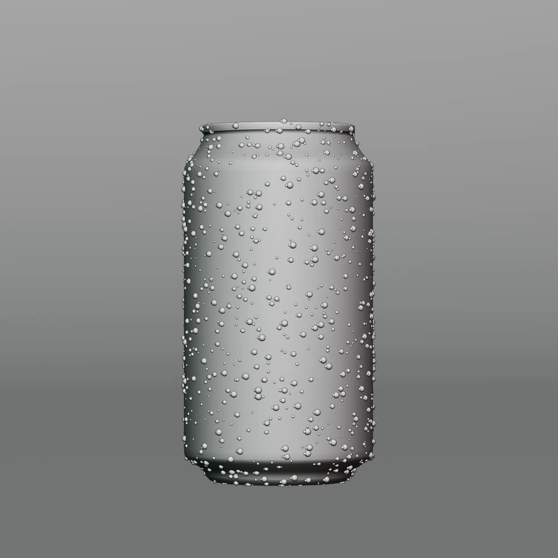 An untextured grey clay render of the same can, showing its form and water droplets