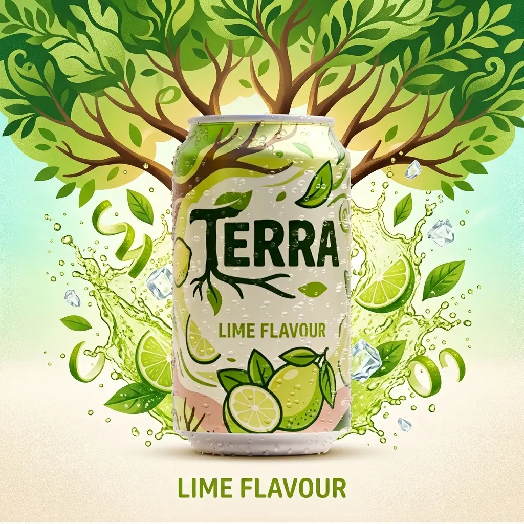 A lime soda can in front of an illustrated tree, surrounded by lime slices, leaves and splashes
