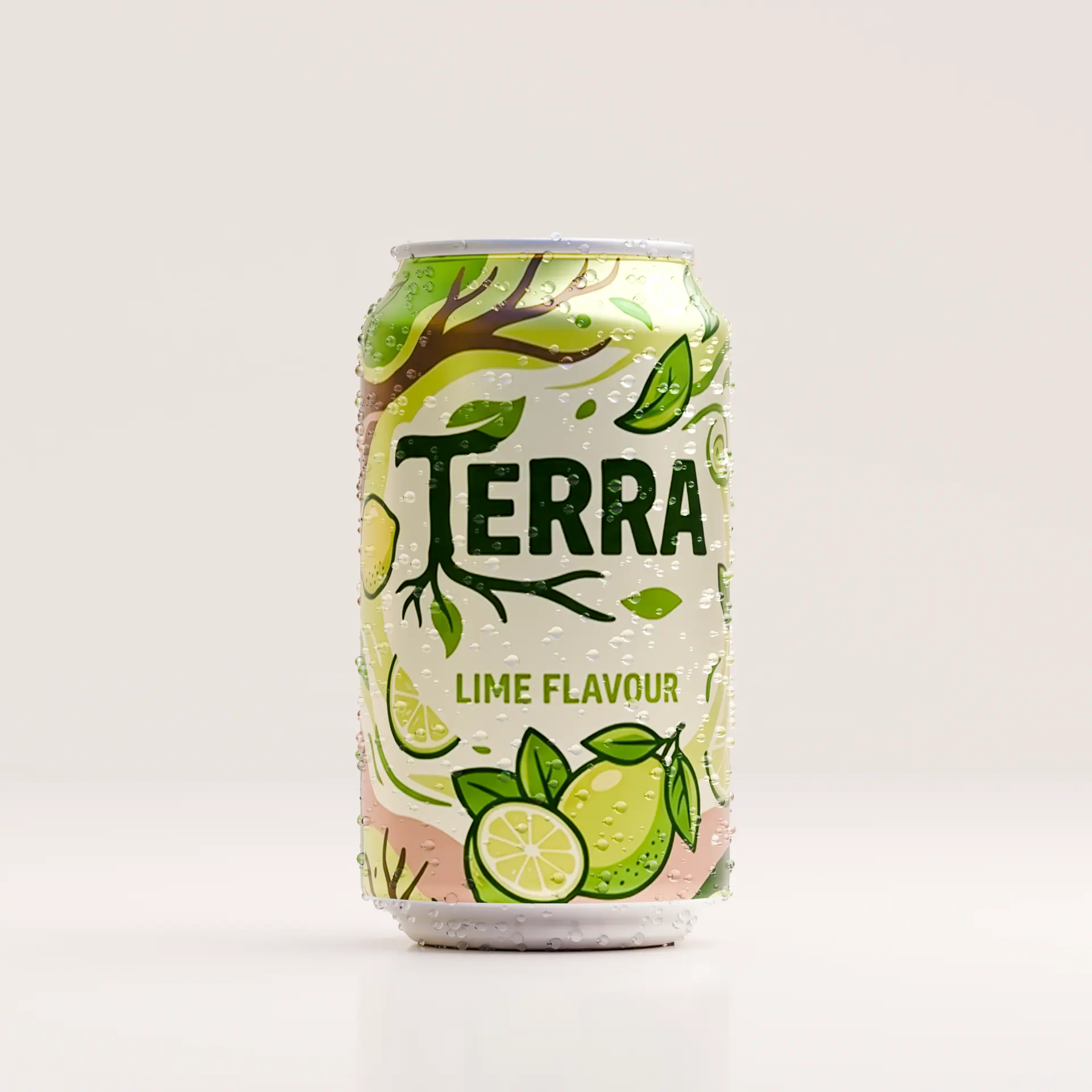 The finished lime soda can, beaded with condensation, on a pale studio background