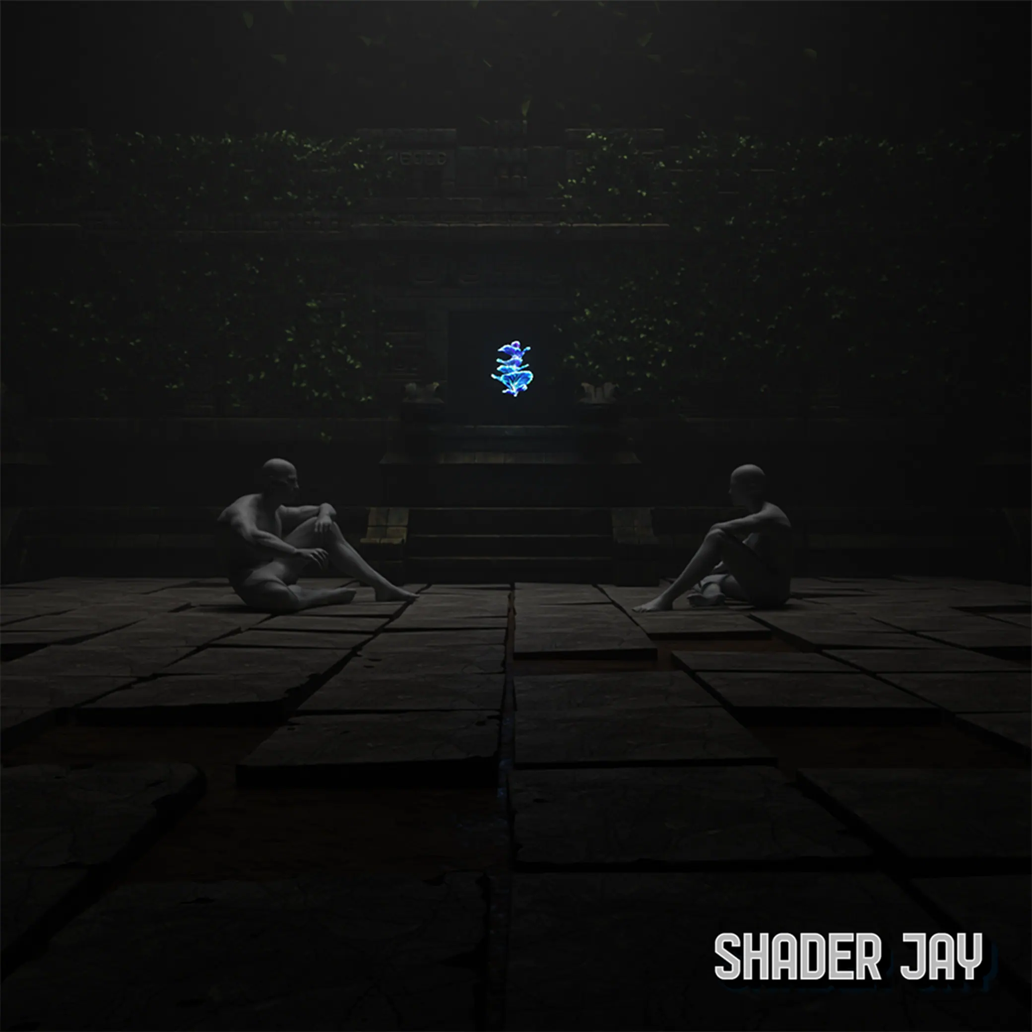 Two figures sitting face to face in a dark, overgrown temple courtyard with a small glowing bloom in the doorway