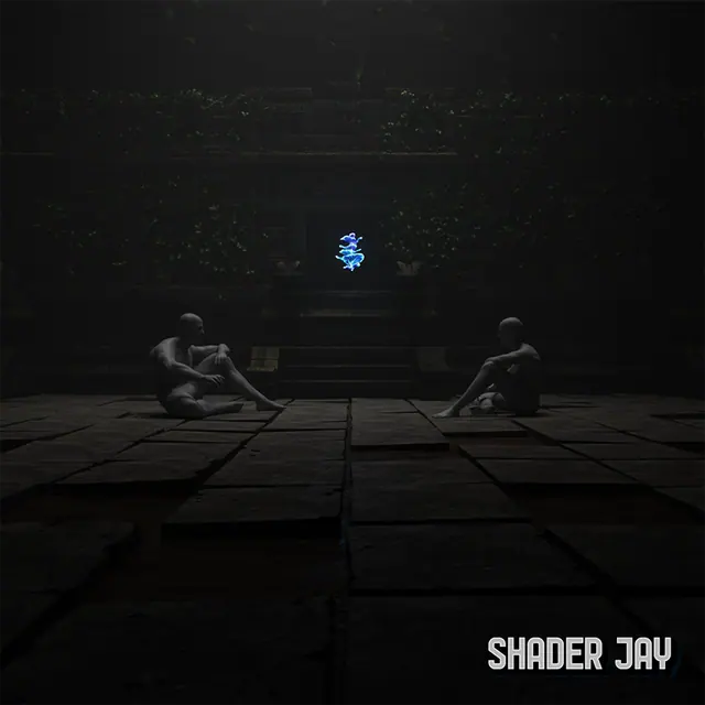 Two figures sitting face to face in a dark, overgrown temple courtyard with a small glowing bloom in the doorway