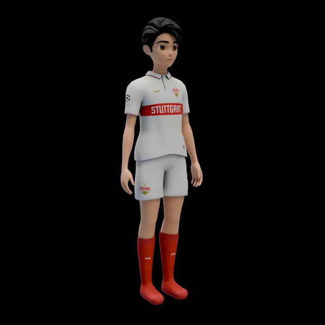 A stylised avatar wearing a white football kit with a red chest band, Champions League sleeve badge and red socks