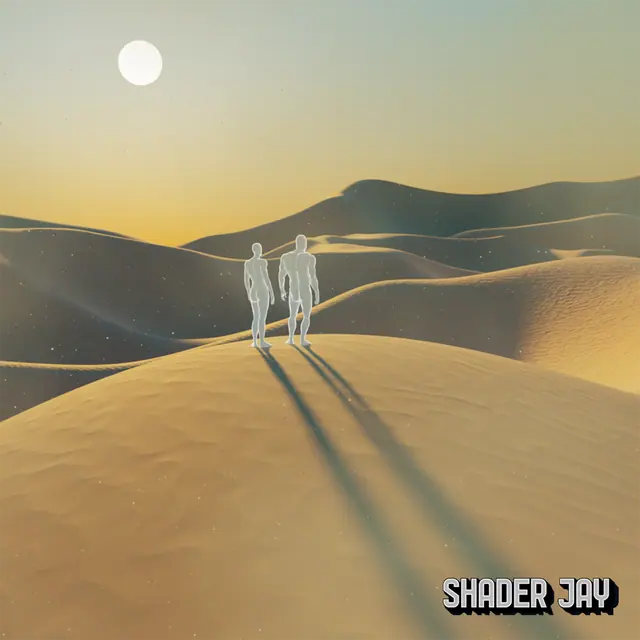 Two pale figures walking over golden sand dunes under a low sun, casting long shadows