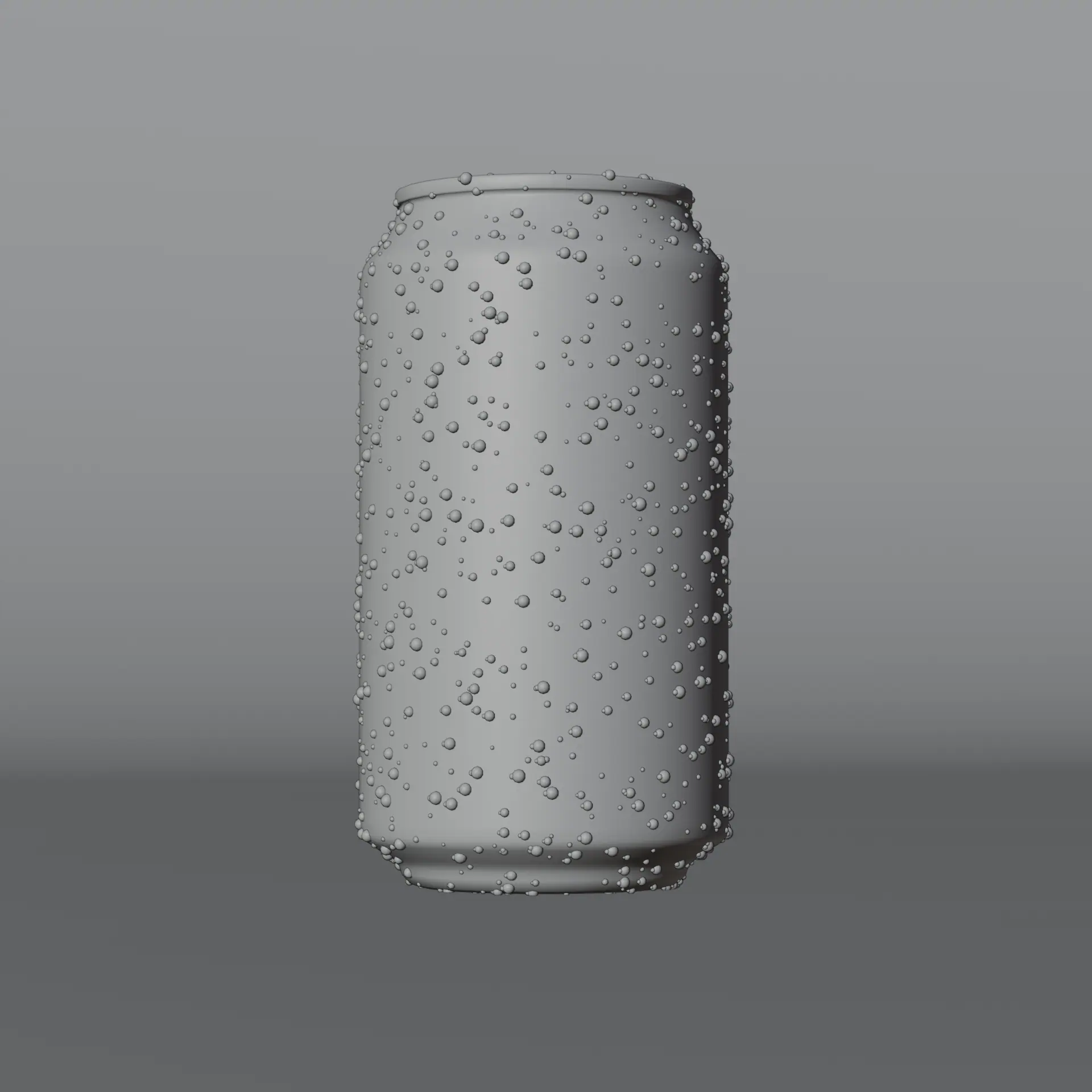 An untextured grey clay render of the same can, showing its form and water droplets